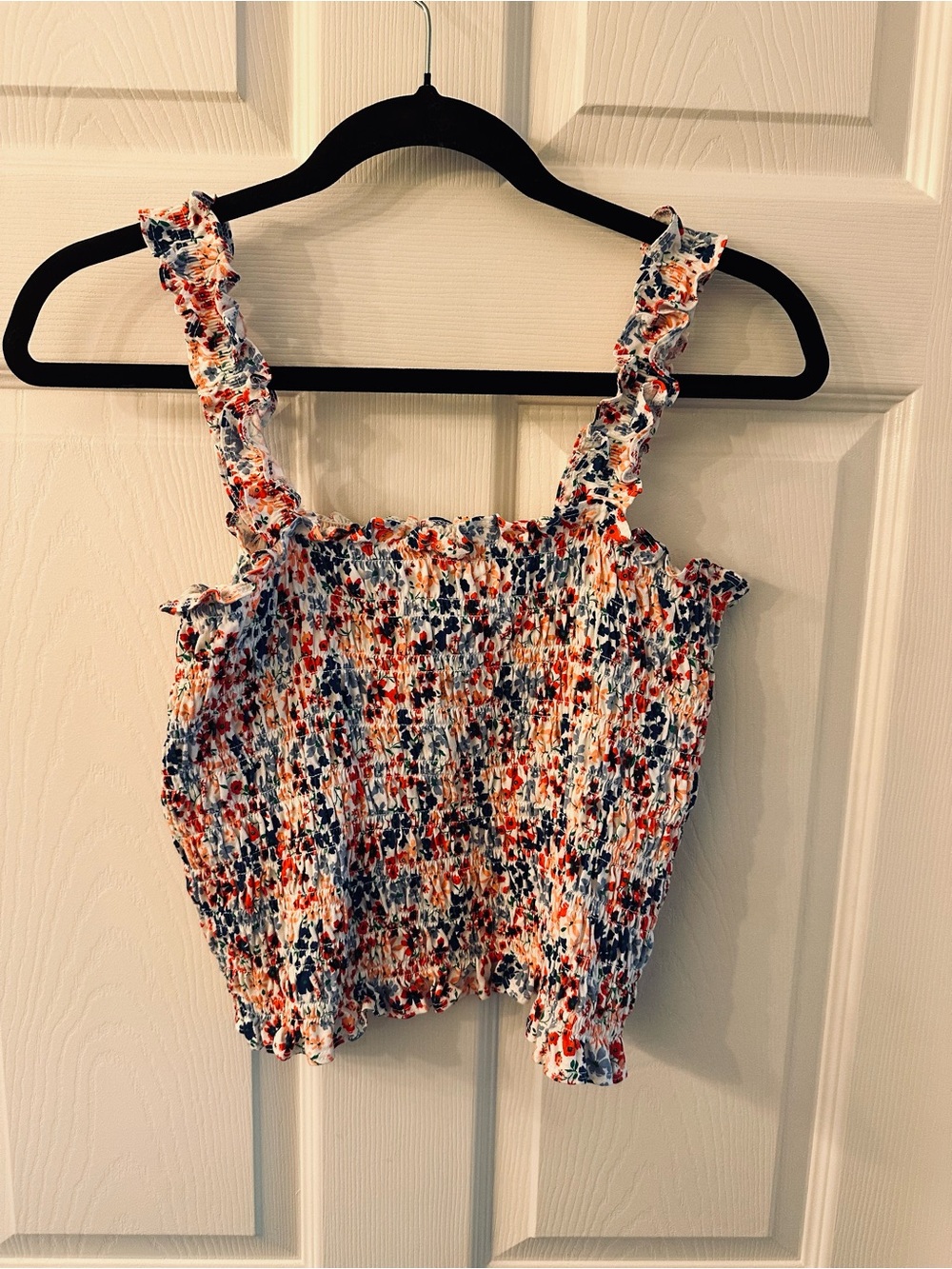 Old Navy White Blue Red Floral Smocked Ruffle Strap Crop Top